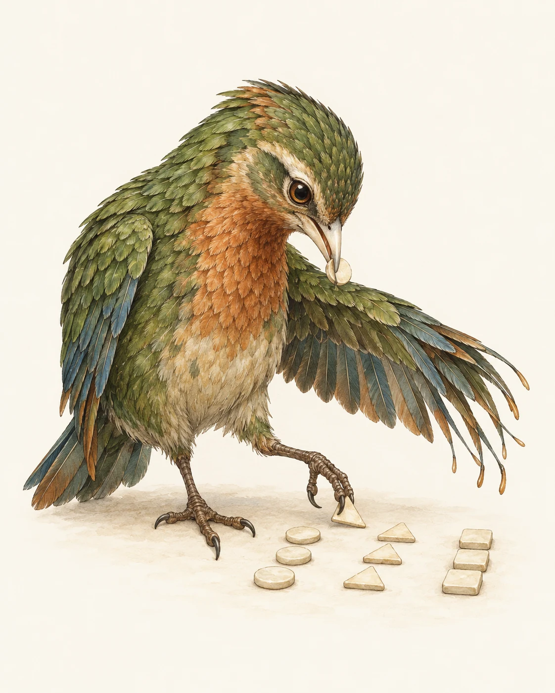 The Ledgerfinch: a moss-green bird with a copper throat, sorting small ivory tiles with its precision beak and nimble feet.