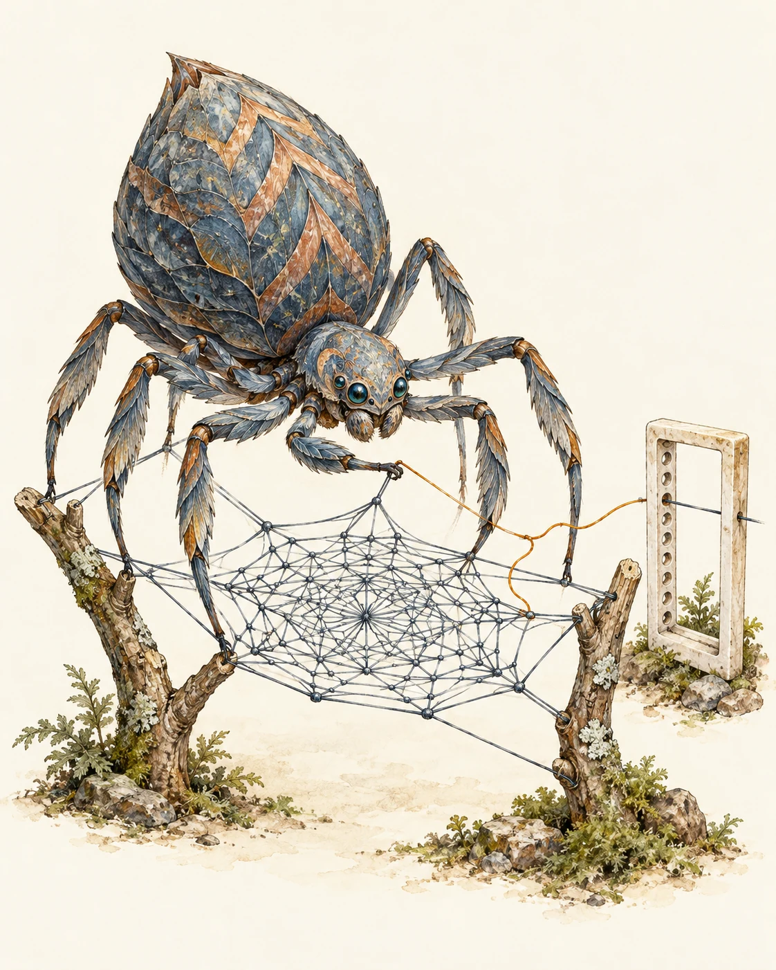 The Proofweaver: a slate-blue spider-like creature building a geometric web beside a separate frame for checking its strands.