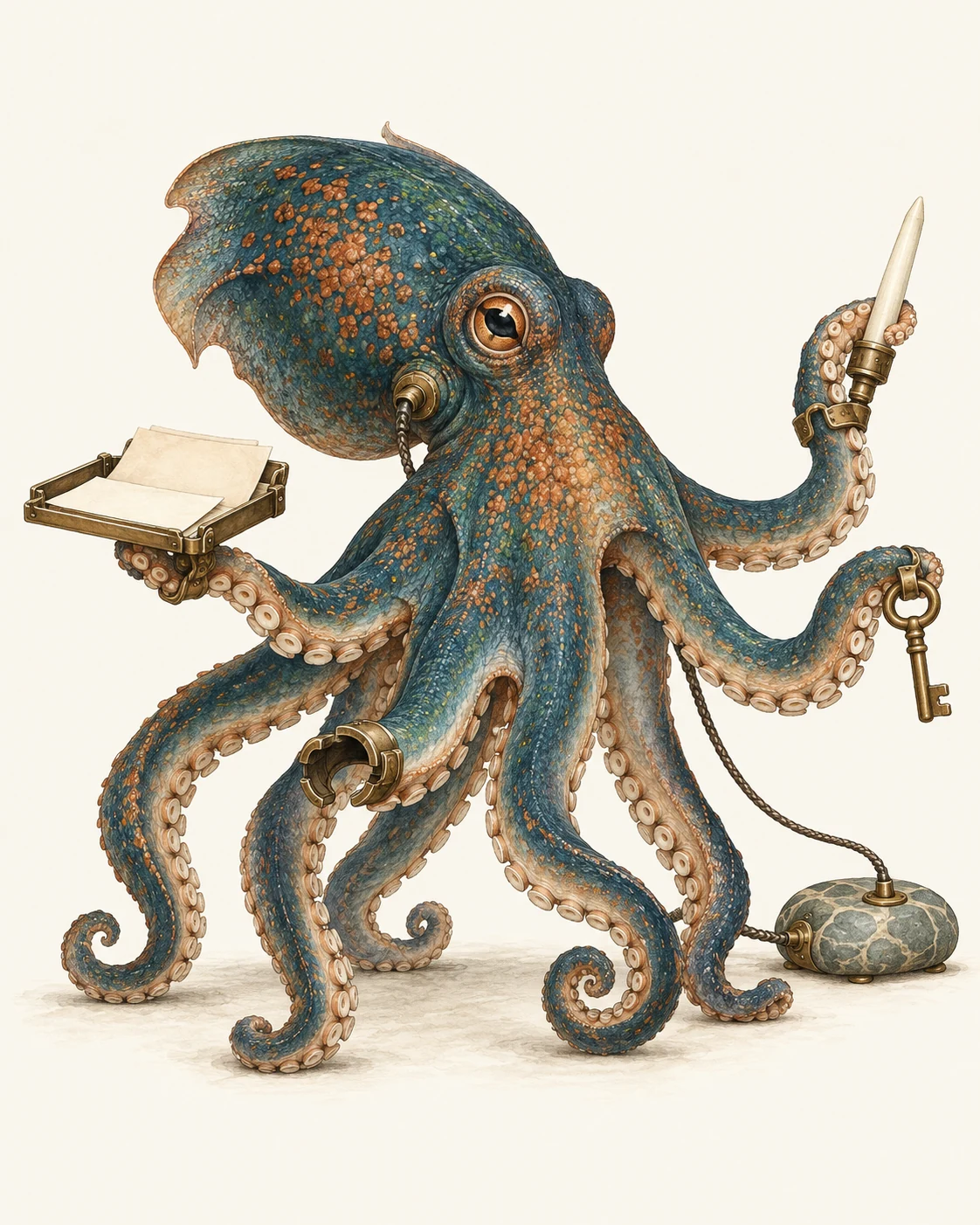 The Relay Octopus: a teal creature carrying a stylus, documents and a key, with a cord connecting it to an outside hub.